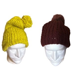 2 Chenille Beanie Pom Pom Hats. Yellow & Maroon.
